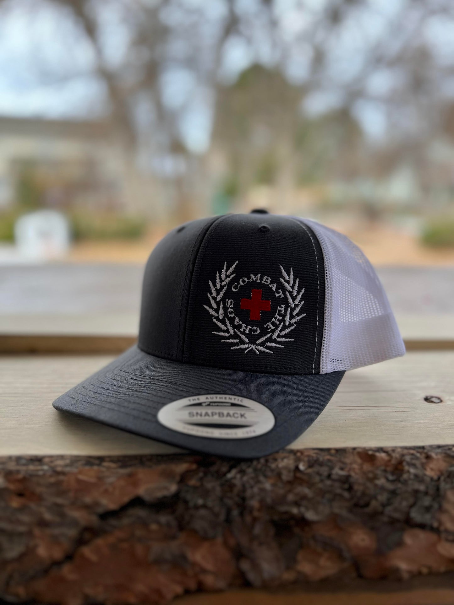 Grey and White Embroidered Trucker Snap-Back Hat