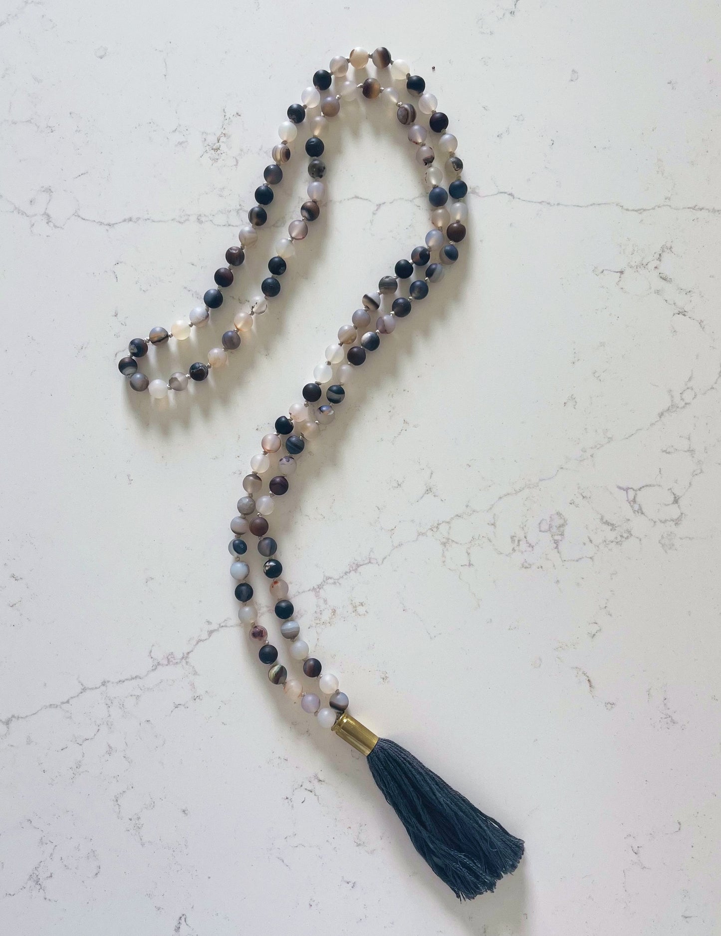 Matte Earth Stones Mala Necklace with Gray Tassel