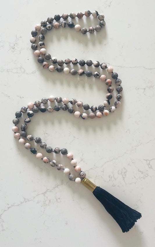 Matte White and Gray with Pink Stone Mala Necklace
