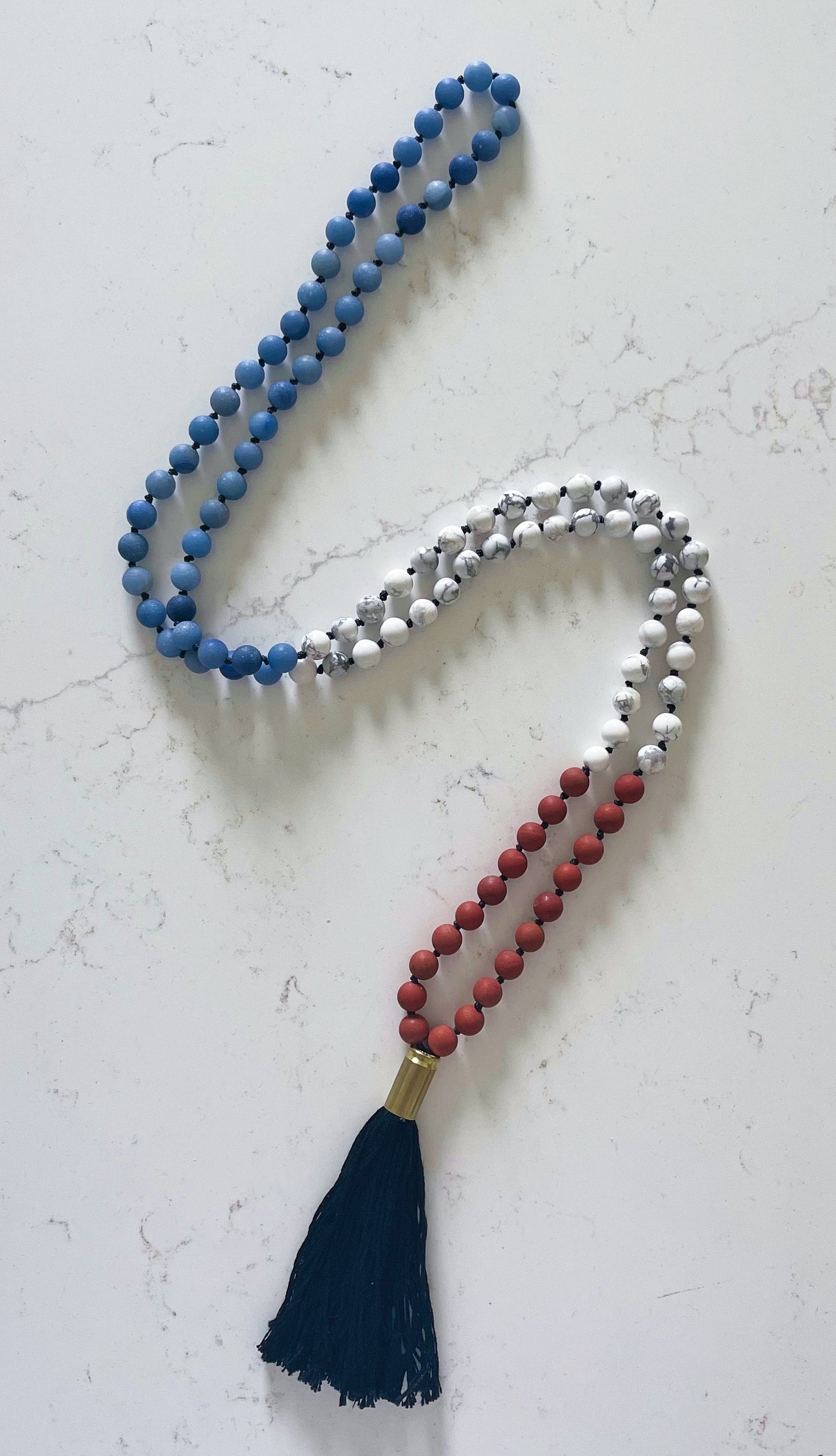 Red, White and Light Blue Mala Necklace