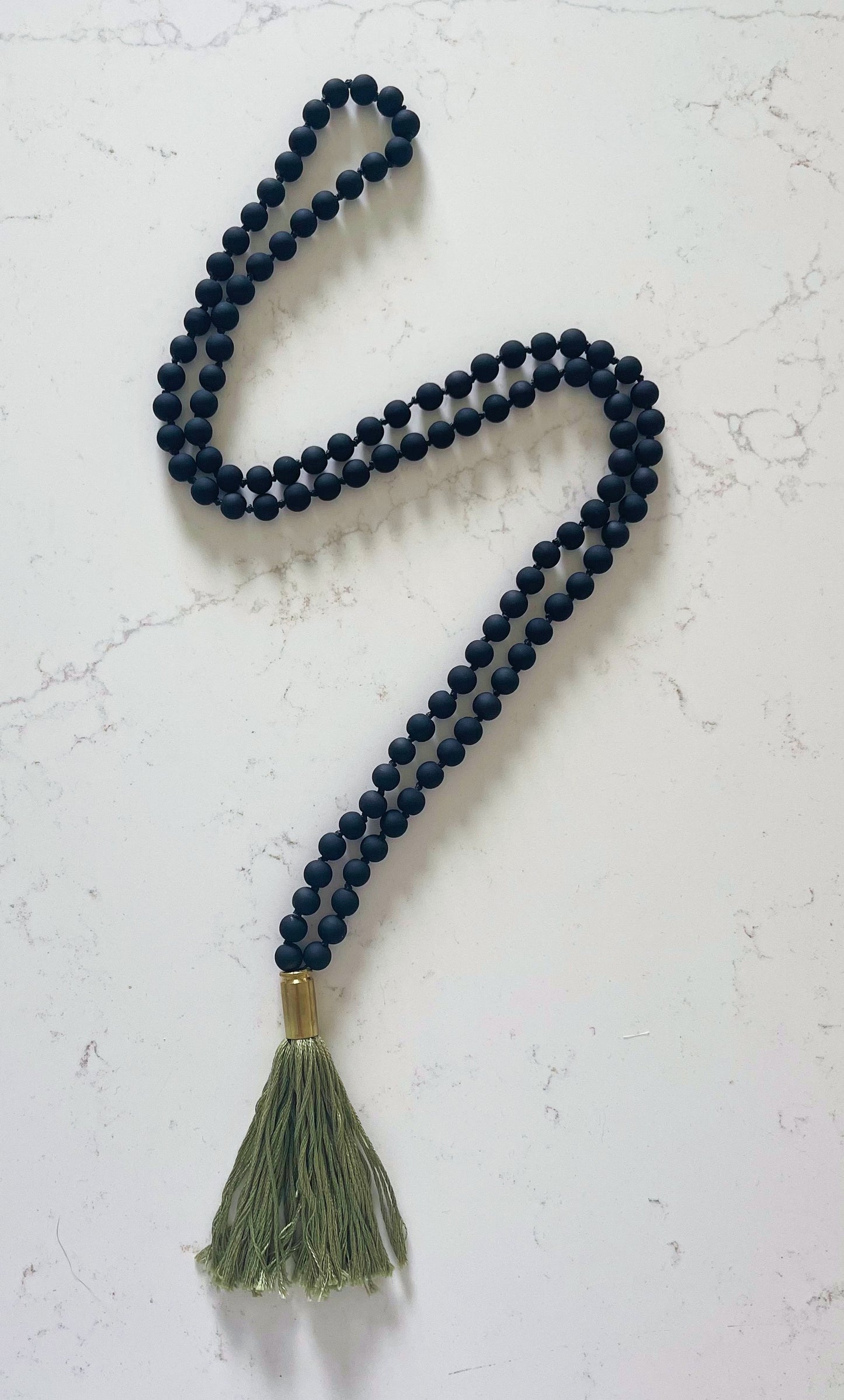 Matte Black Mala Necklace with Green Tassel