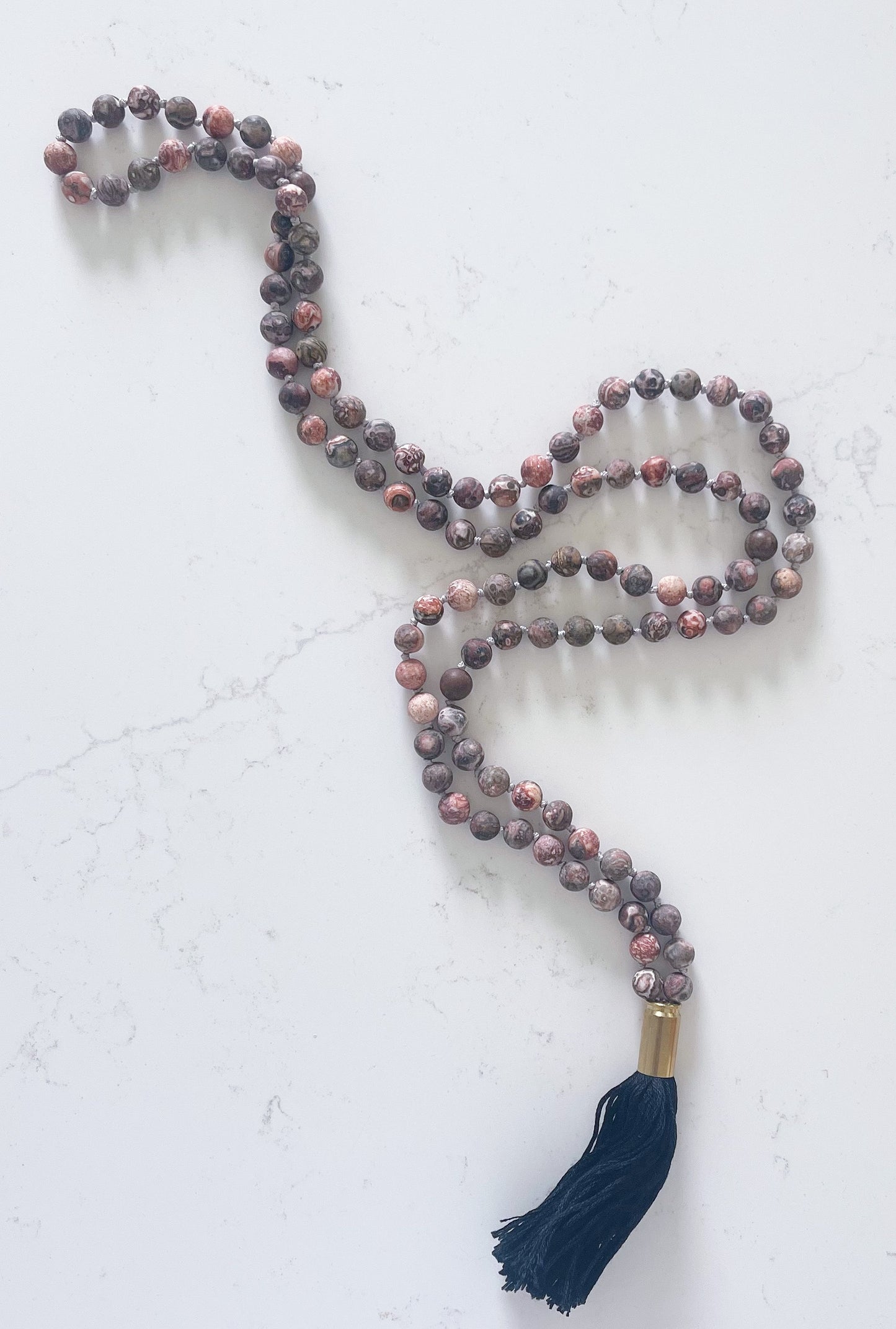 Multi Color Matte Earth Stone Mala Necklace with Black Tassel