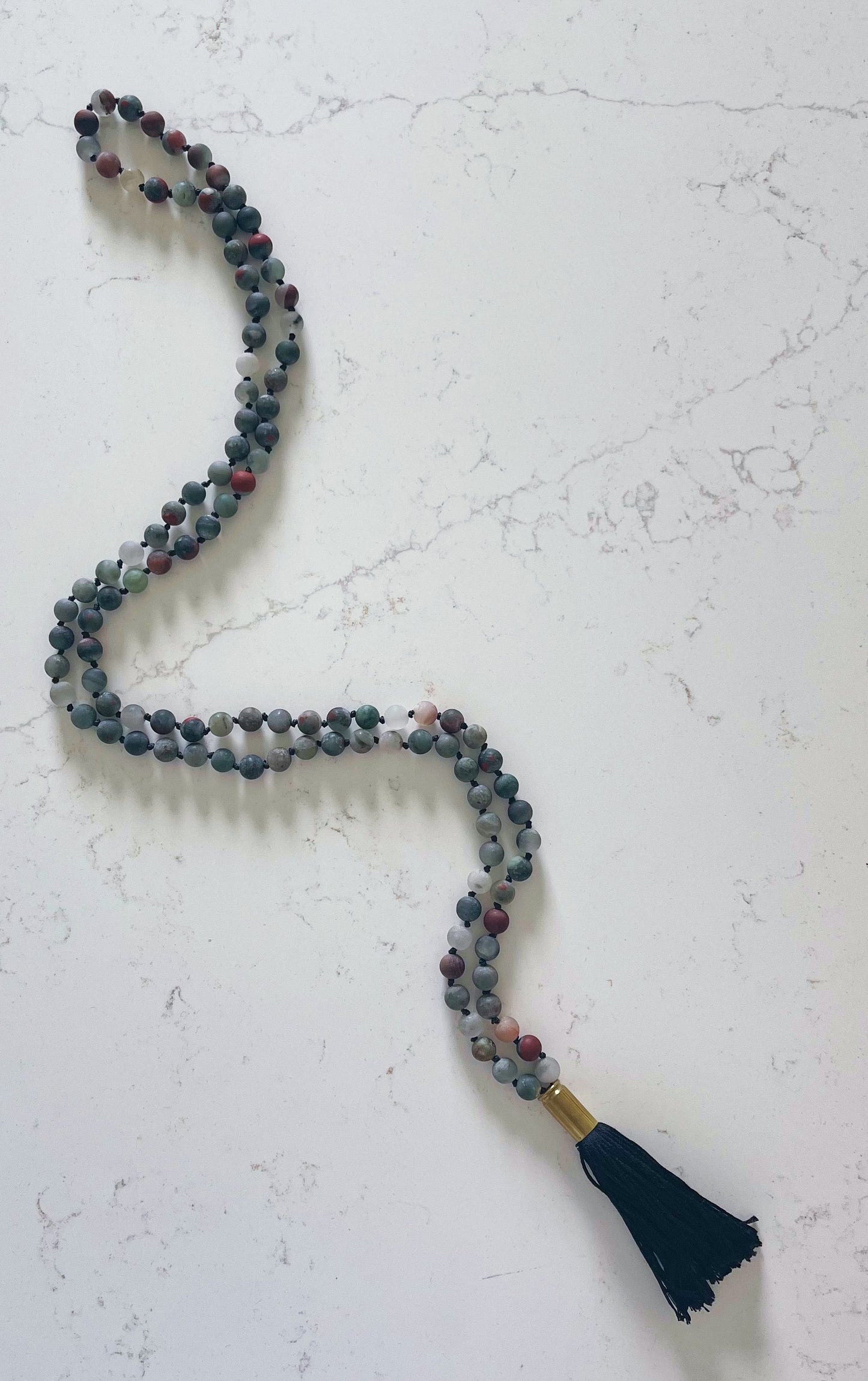 Matte Blood Stone Mala Necklace with Black Tassel