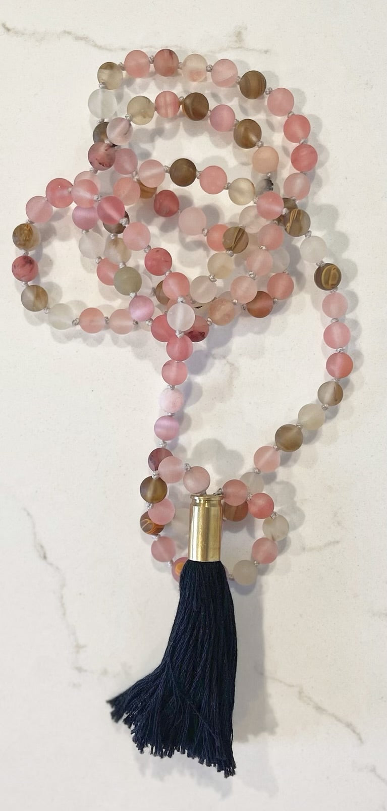 Matte Rose Mala Necklace with Black Tassel