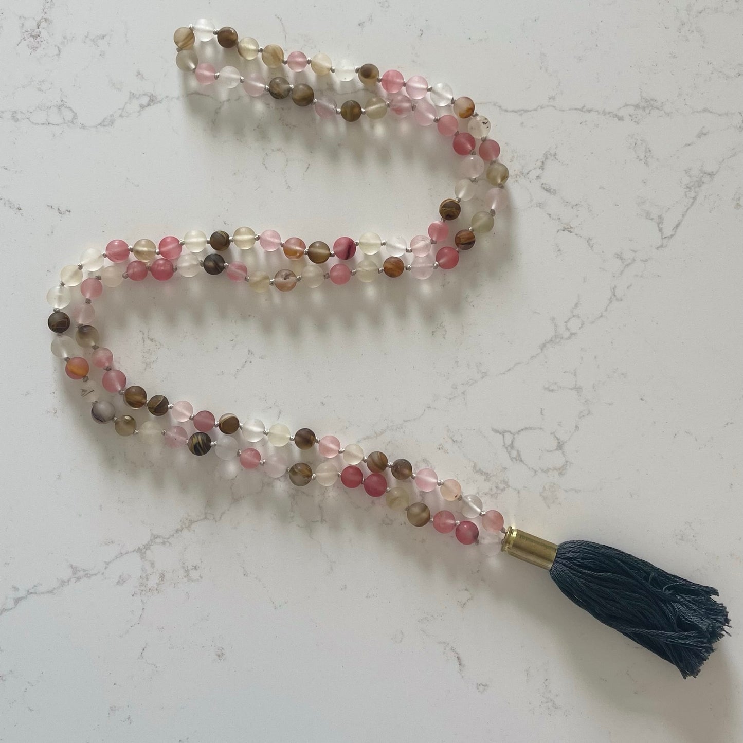 Matte Rose Mala Necklace with Gray Tassel