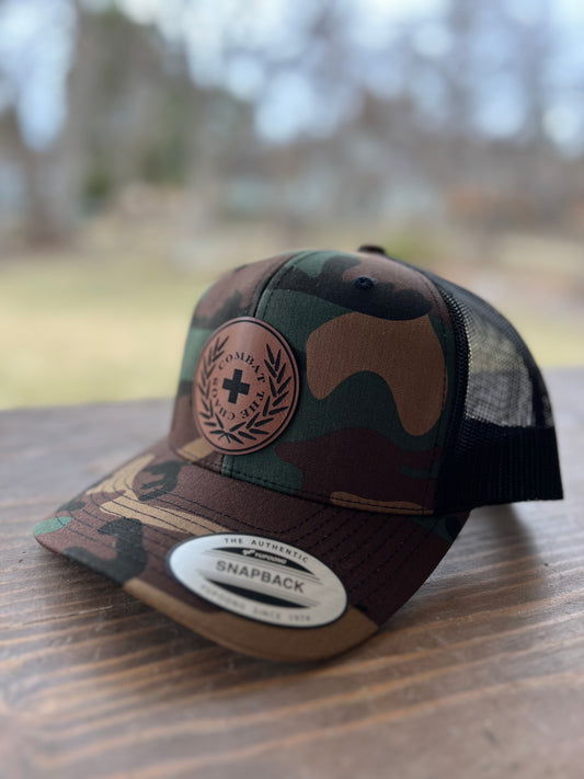 Woodland Camo Snap-Back Trucker Hat with Rawhide Patch Centered