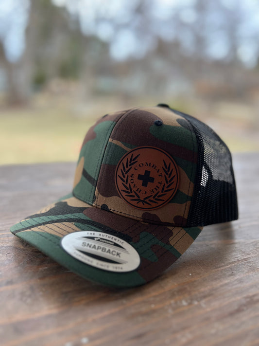 Woodland Camo Snap-Back Trucker Hat with Rawhide Patch Off-Center