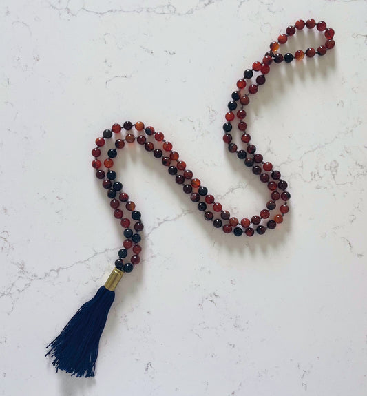 Gloss Blood Orange, Red and Brown Mala Necklace with Blue Tassel