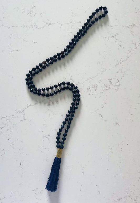 Gloss Black Marble Mala Necklace with Blue Tassel