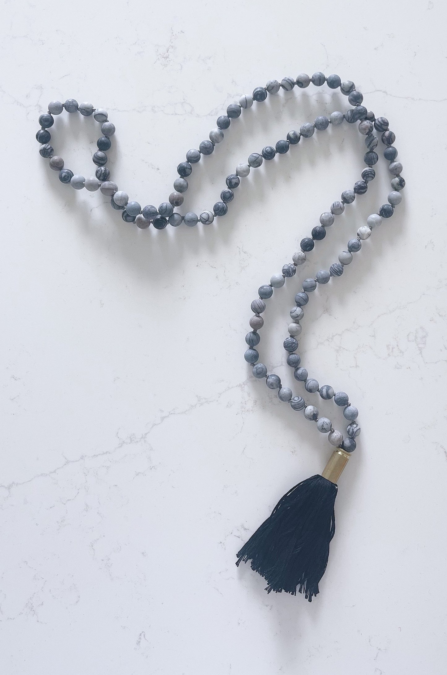 Matte Gray Stone Mala Necklace with Black Tassel