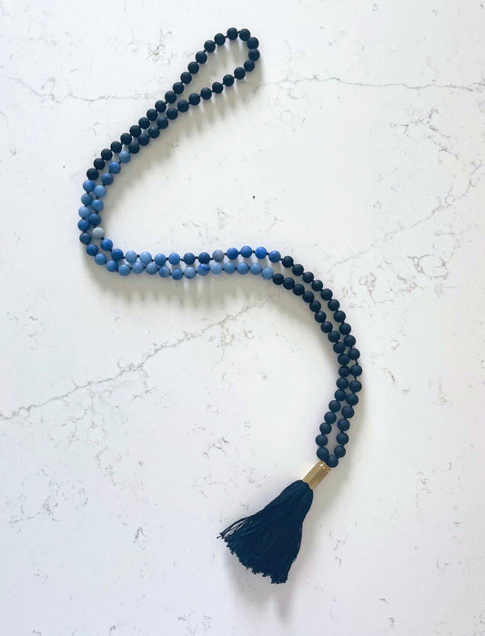 Matte Black and Blue Mala Necklace with Black Tassel
