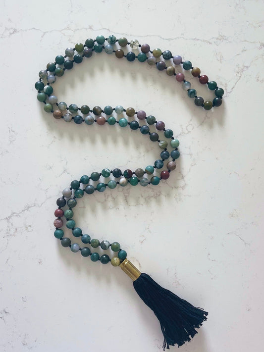 Blue Green Marble Stone Mala Necklace with Black Tassel