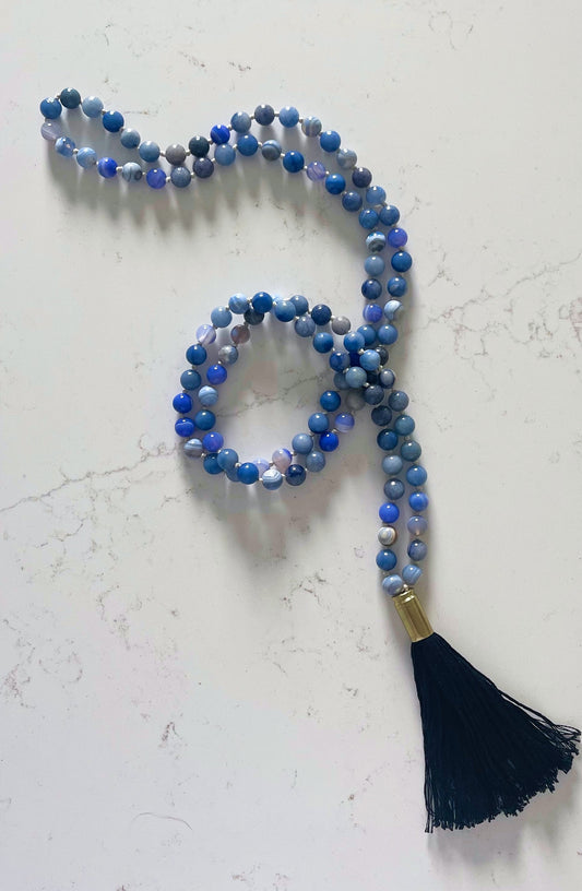 Gloss Blue Mala Necklace with Black Tassel