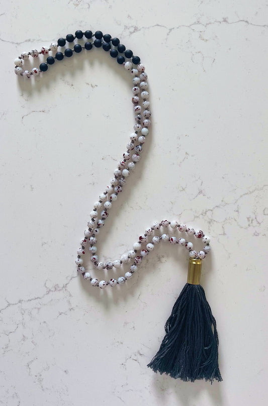 Gloss White and Red Beads with Matte Black Mala Necklace with Gray Tassel *SMALLER BEADS*