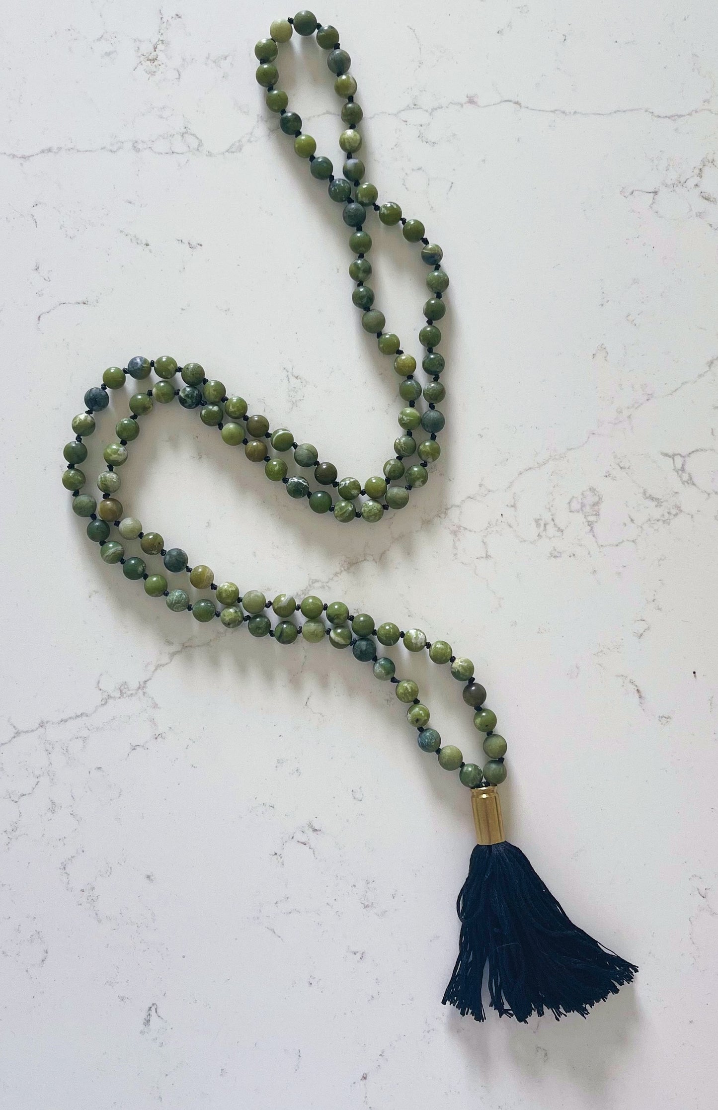 Low Gloss Green Mala Necklace with Black Tassel