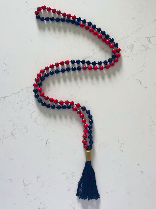 Gloss Blue and Red Mala Necklace with Blue Tassel