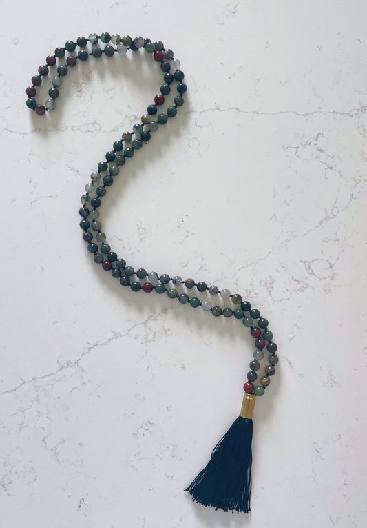 Gloss Blood Stone Mala Necklace with Black Tassel