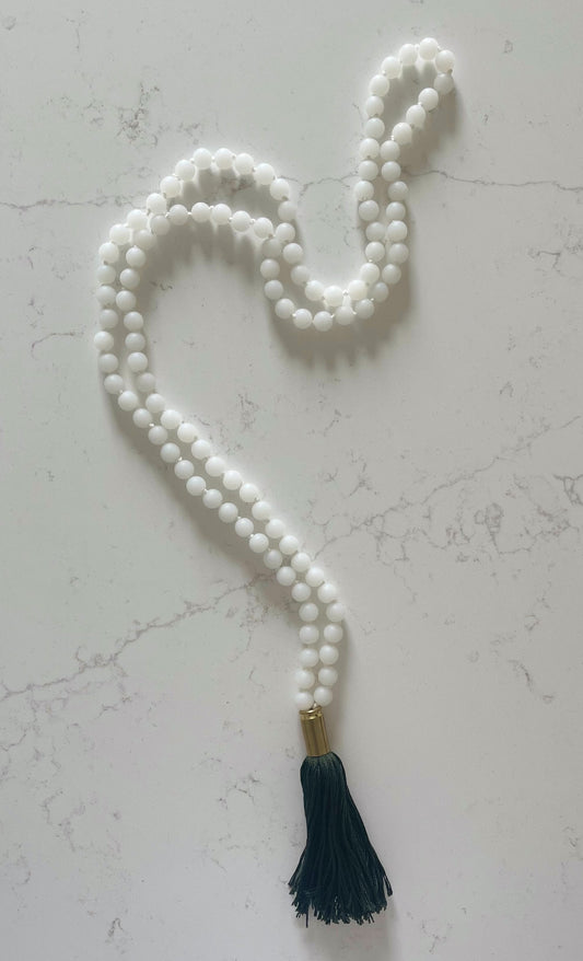 Matte White Mala Necklace with Olive Drab Tassel