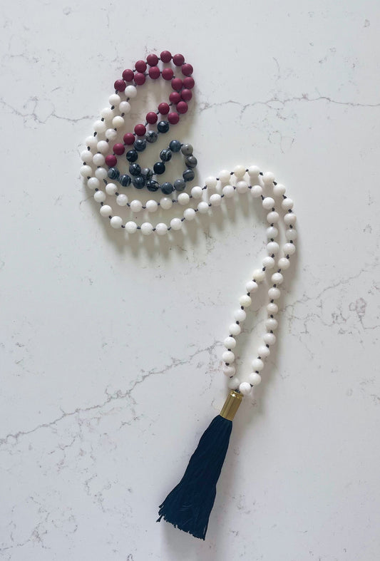 Red, White and Black Mala Necklace with Black Tassel
