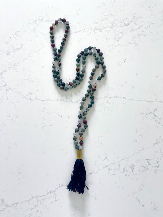 Matte Blood Stone Mala Necklace with Black Tassel