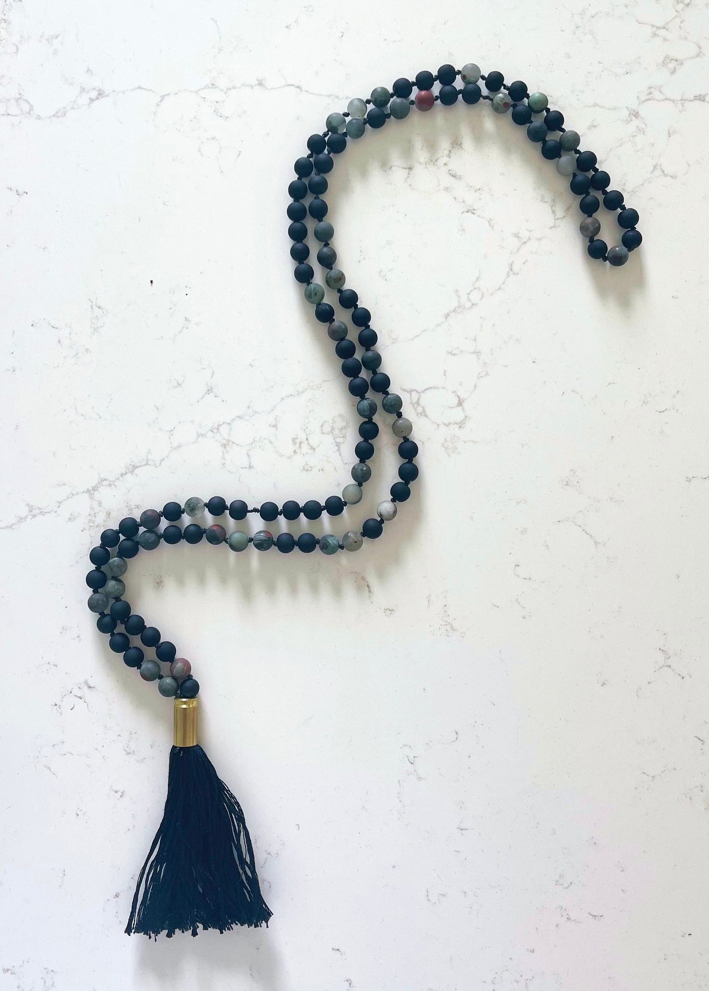Matte Black and Earth Tones Mala Necklace with Black Tassel