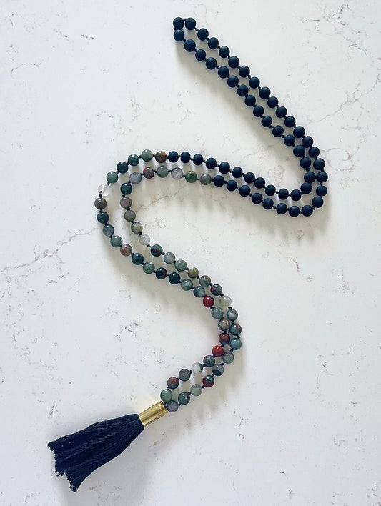 Gloss Blood Earth Stone Marble with Matte Black Mala Necklace with Black Tassel